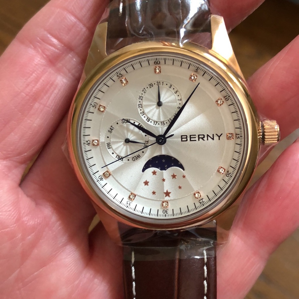 New Berny women’s watch. 3 multi-function sundials for week/calendar/moon phase.